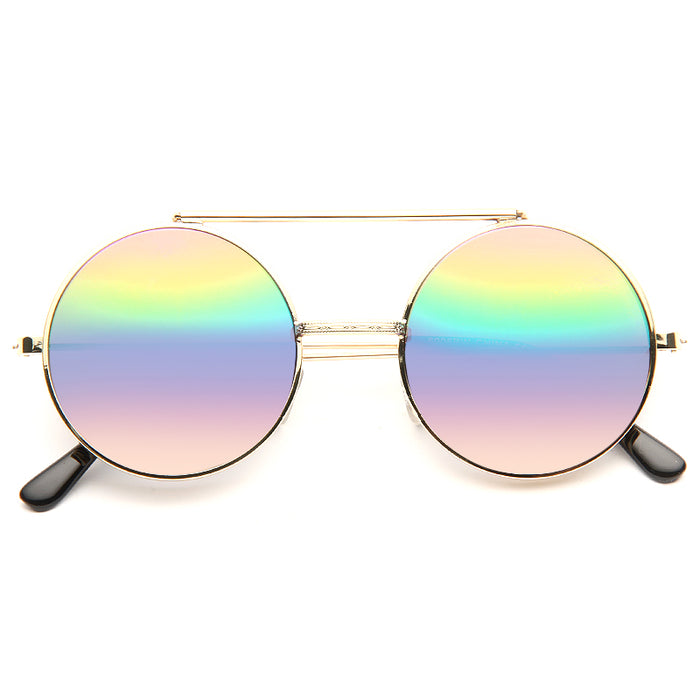 Hallick Color Mirror Round Flip-Up Metal Sunglasses