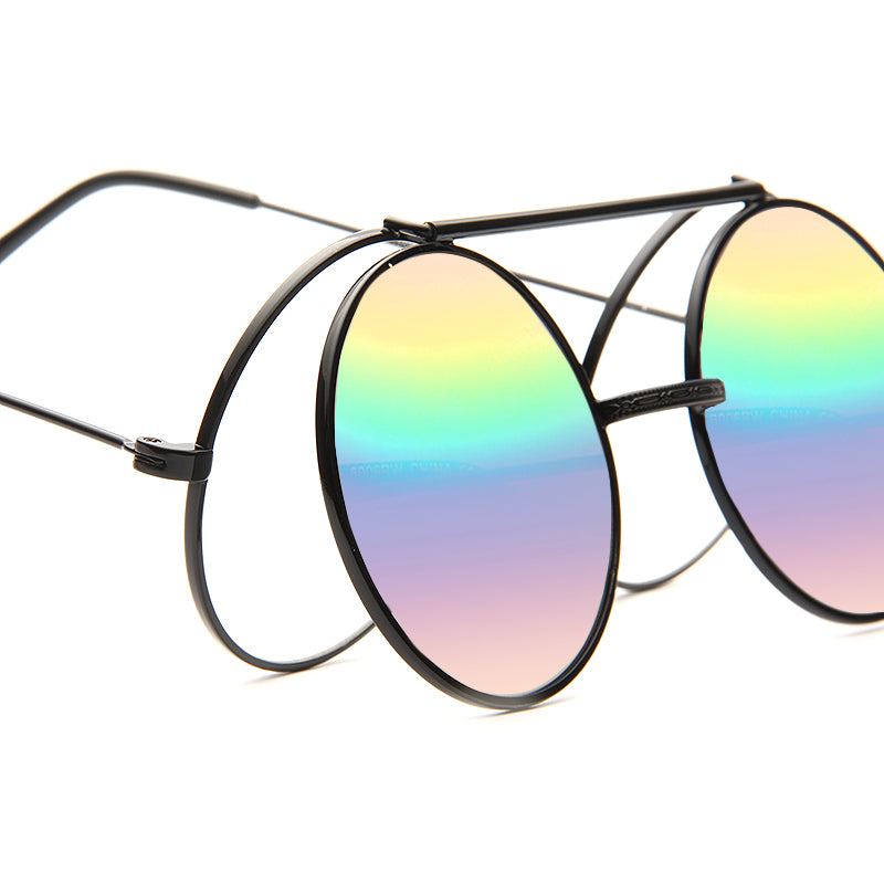 Hallick Color Mirror Round Flip-Up Metal Sunglasses